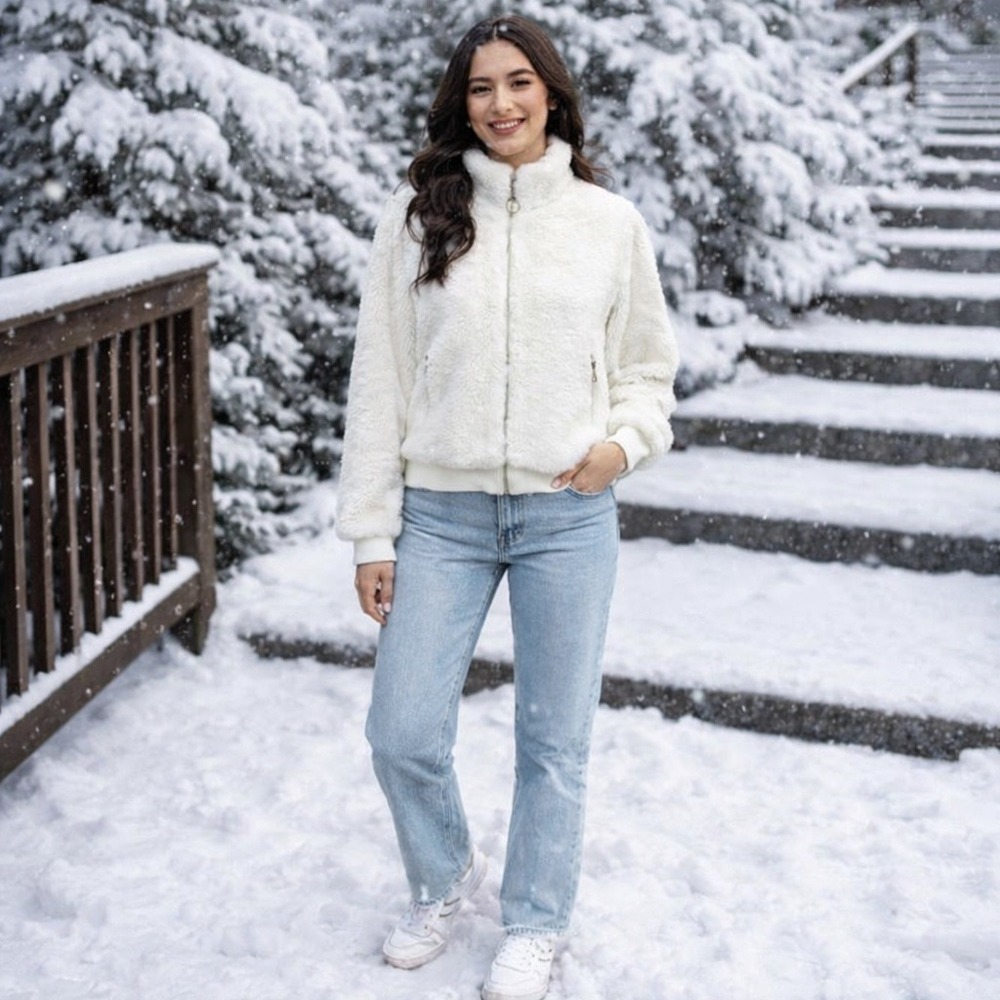 Fashion Nova Sherpa Teddy Fleece Jacket White‎ Zip Up Cozy Winter Lounge Coat L